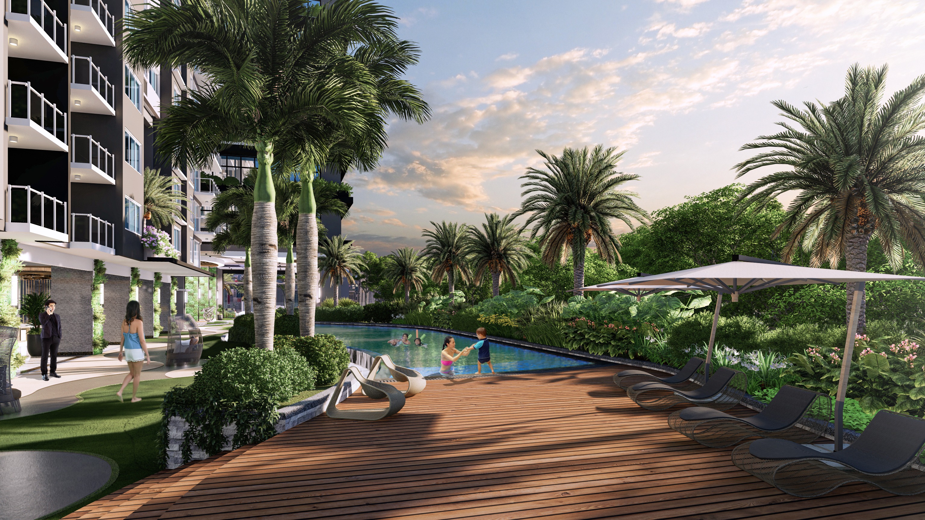 Digital render of a tropical-inspired condo unit with people roaming around