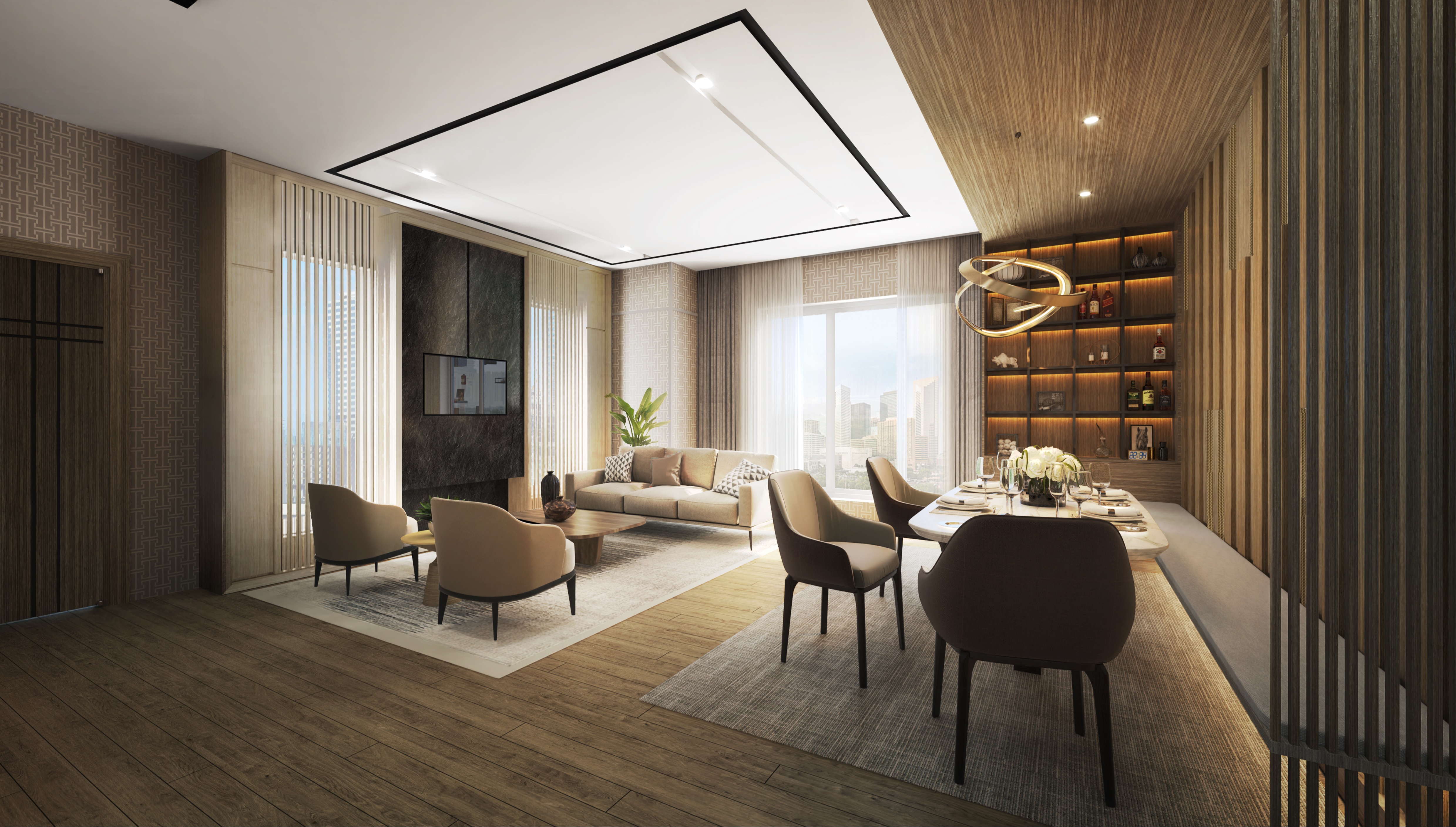 Digital rendering of a modern living room with wine bottles at the back