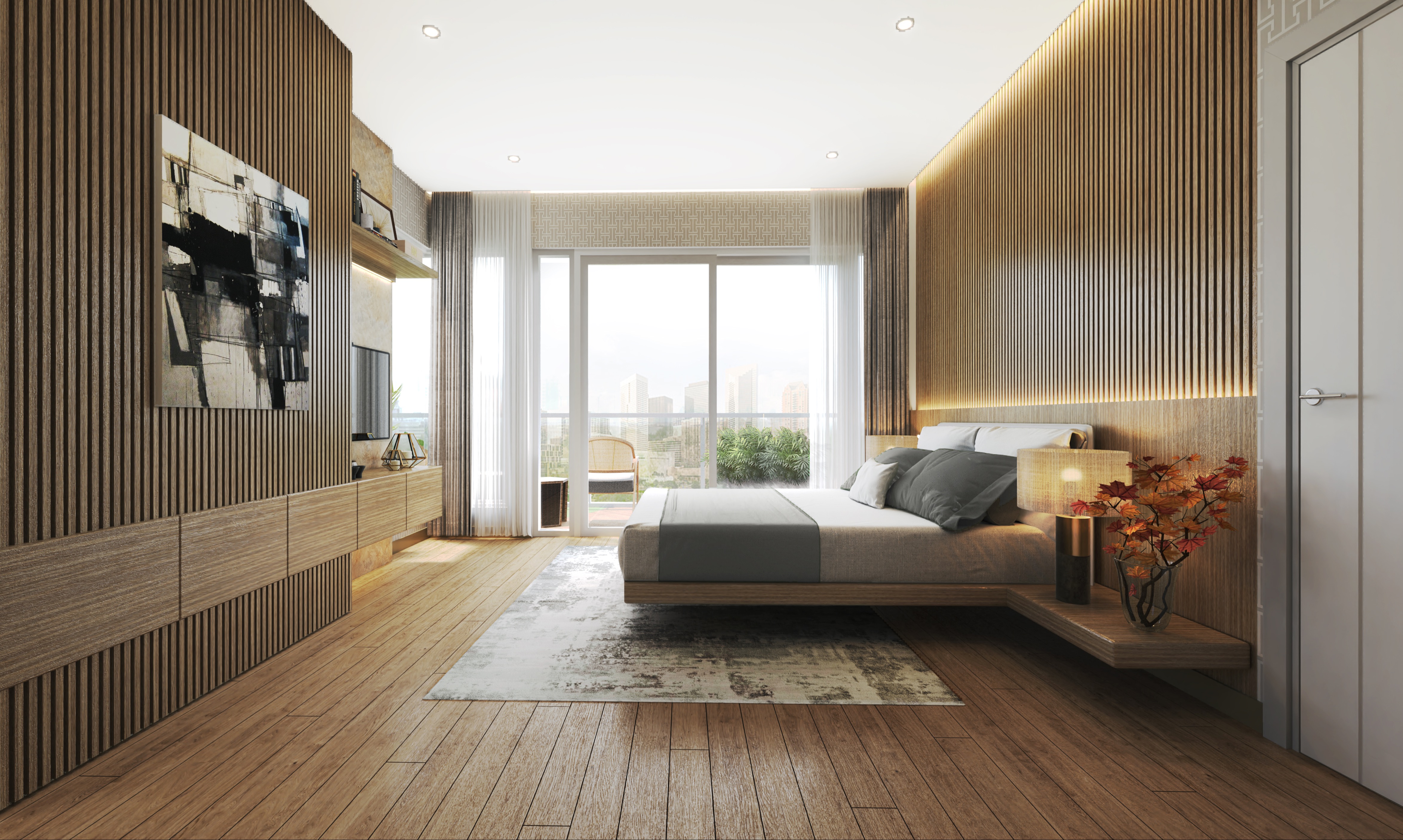 Digital render of a modern bedroom with multiple displays
