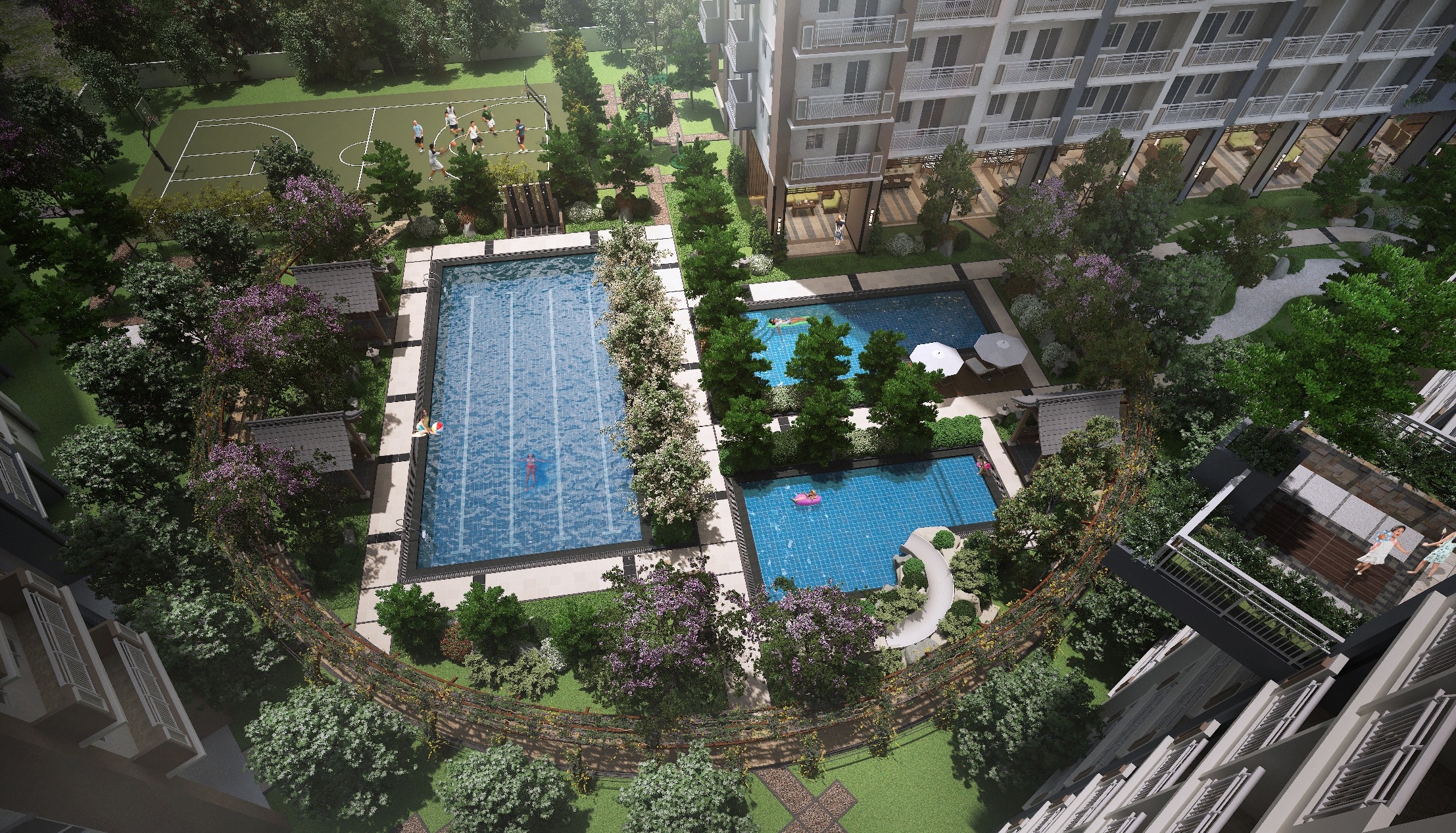 Digital render of the top view of a swimming pool area