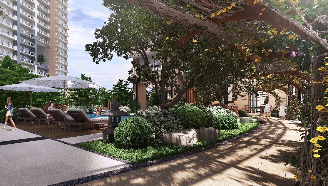 Digital render of a pool area with potted plants
